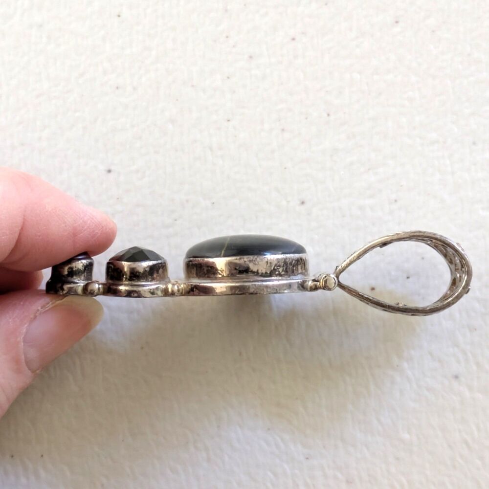 Vintage Sterling Silver 925 Large Pendant Stone Onyx Pearl Triple Drop Statement - Picture 7 of 12